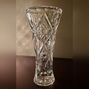 Vintage Bohemia Cut Glass Star And Diamond Cut Pattern Crystal Vase